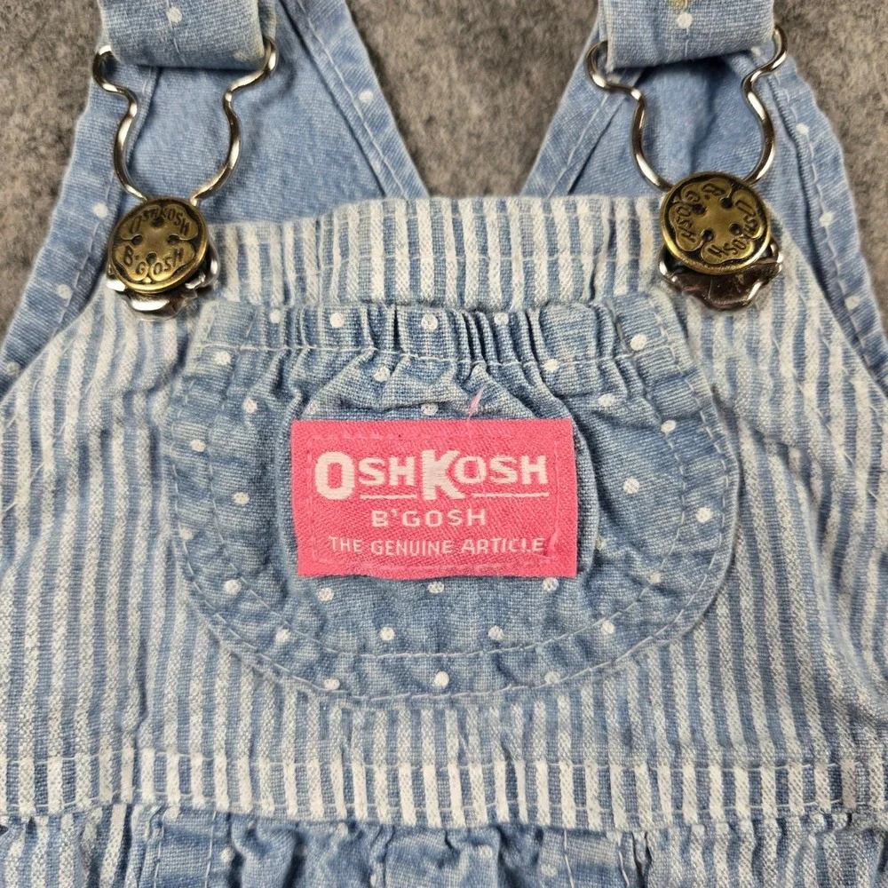 Vintage OshKosh B'gosh Overalls Baby Girls 6M Blue Polka Dot Hickory Stripe 80s